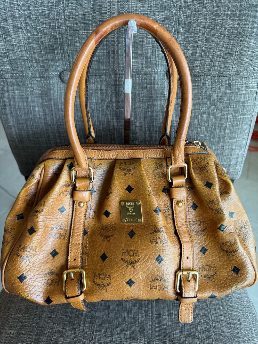 MCM Cognac Logo Visetos Satchel with Gold Hardware